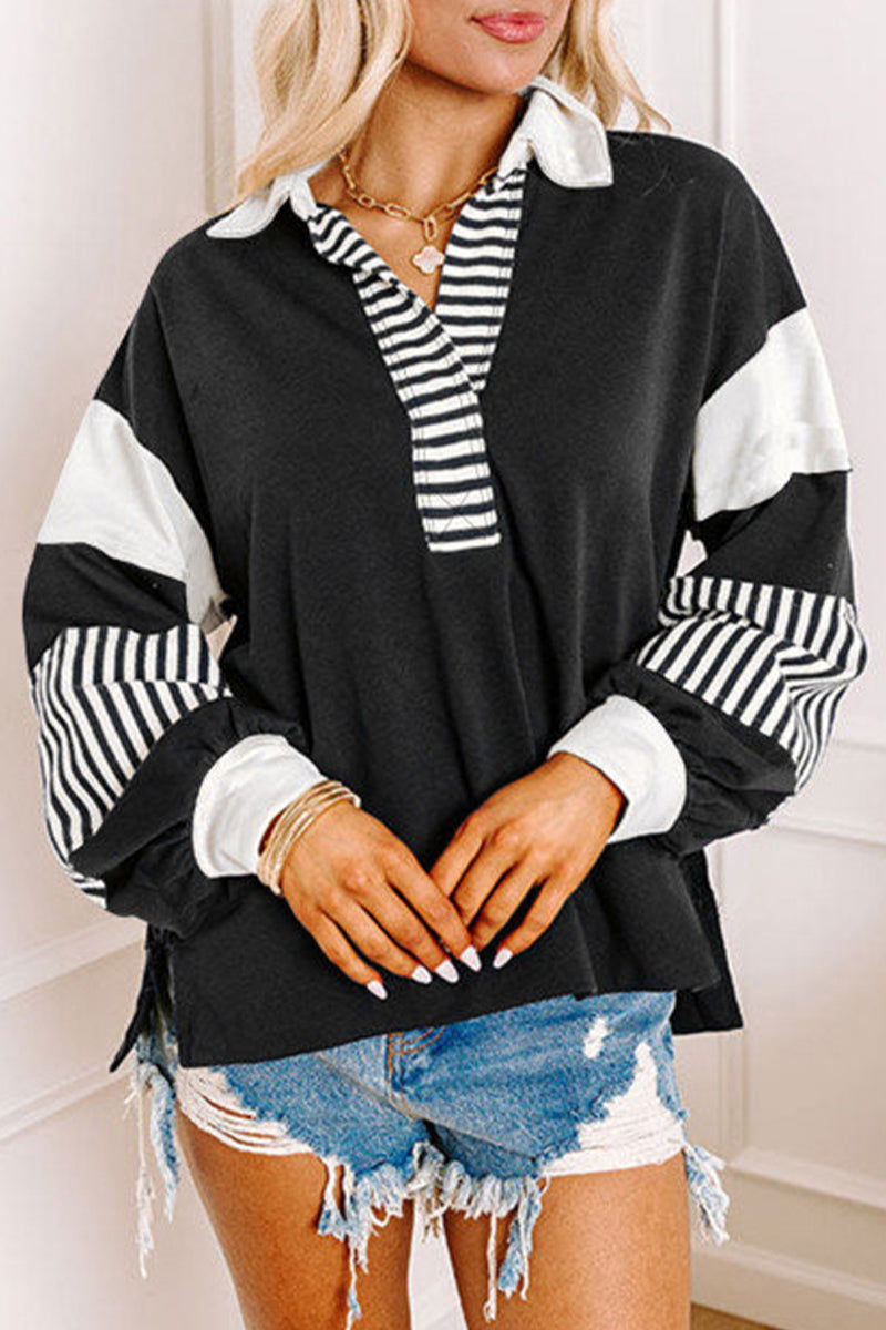 Deborah | Casual tops with street stripe patchwork contrast turn-down collar
