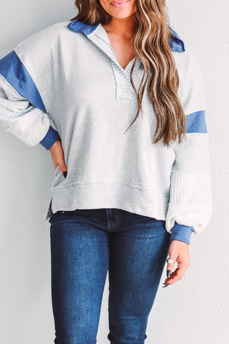 Deborah | Casual tops with street stripe patchwork contrast turn-down collar