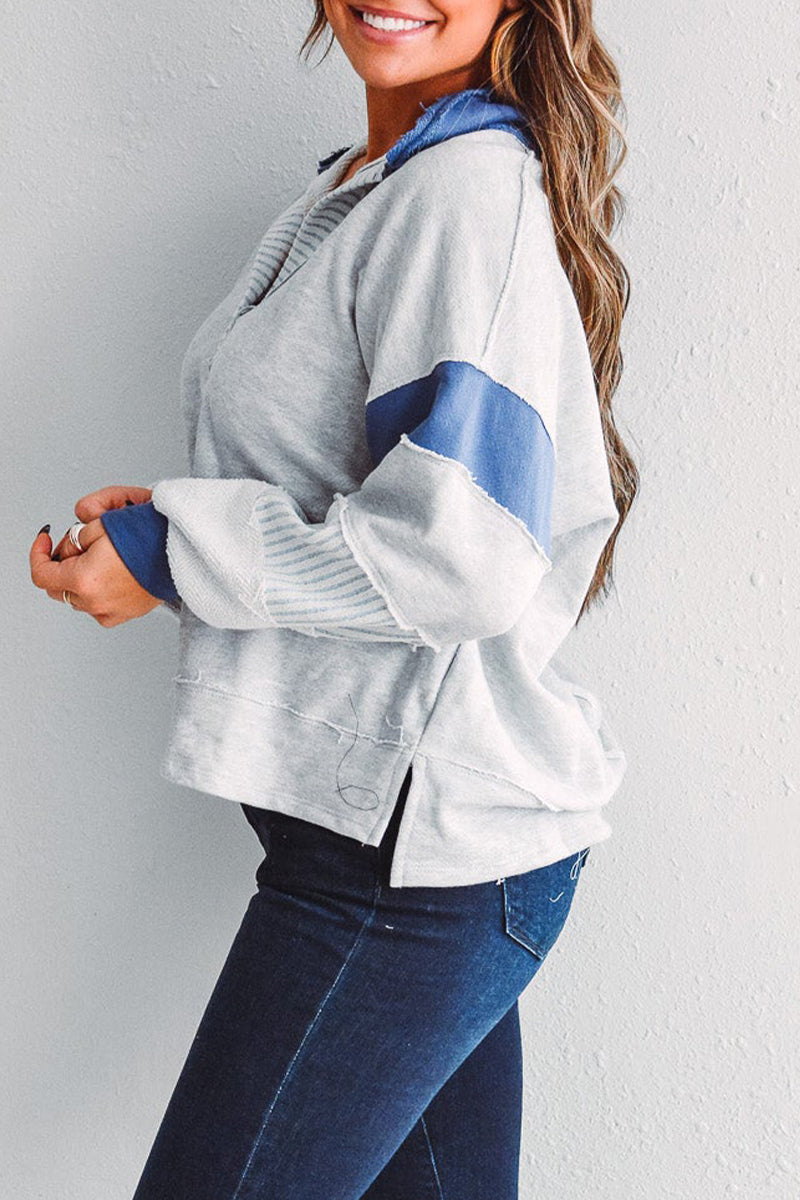 Deborah | Casual tops with street stripe patchwork contrast turn-down collar