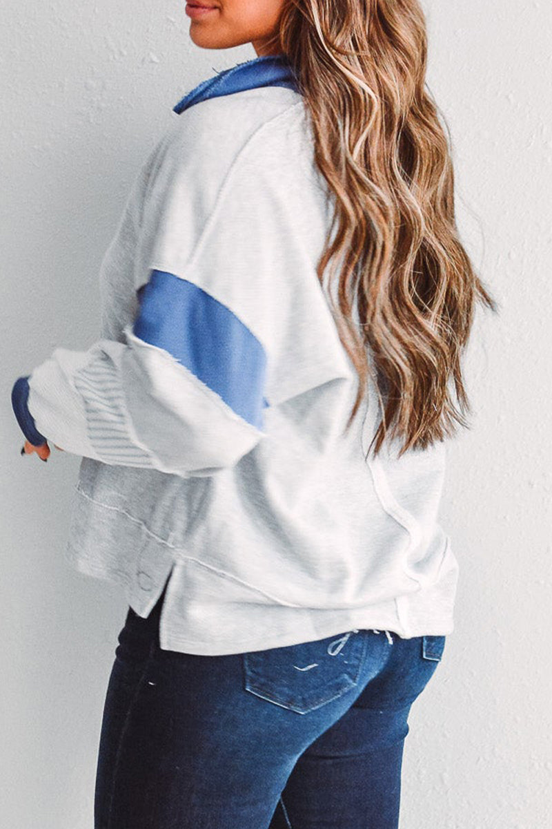 Deborah | Casual tops with street stripe patchwork contrast turn-down collar