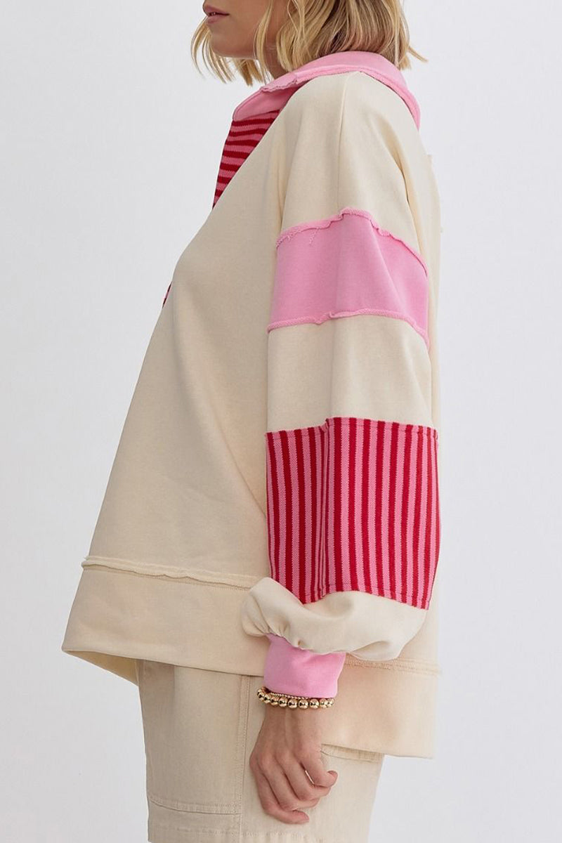 Deborah | Casual tops with street stripe patchwork contrast turn-down collar