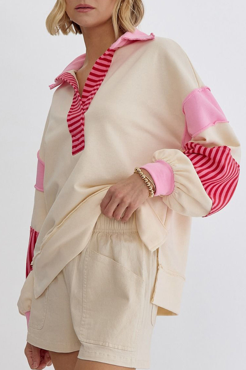 Deborah | Casual tops with street stripe patchwork contrast turn-down collar