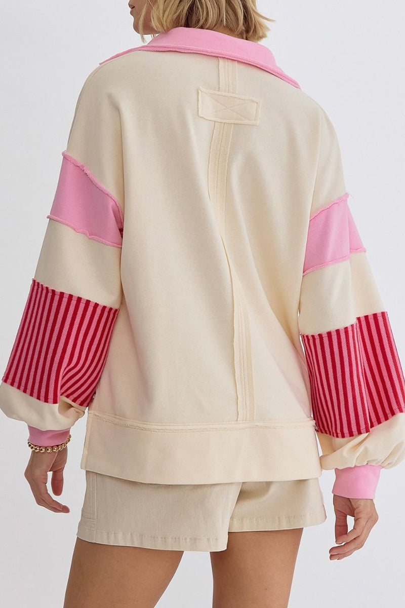 Deborah | Casual tops with street stripe patchwork contrast turn-down collar