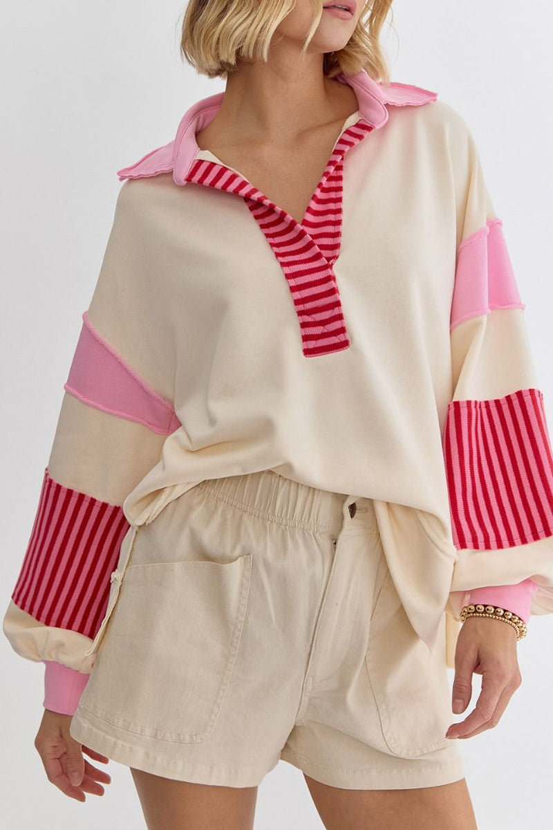 Deborah | Casual tops with street stripe patchwork contrast turn-down collar