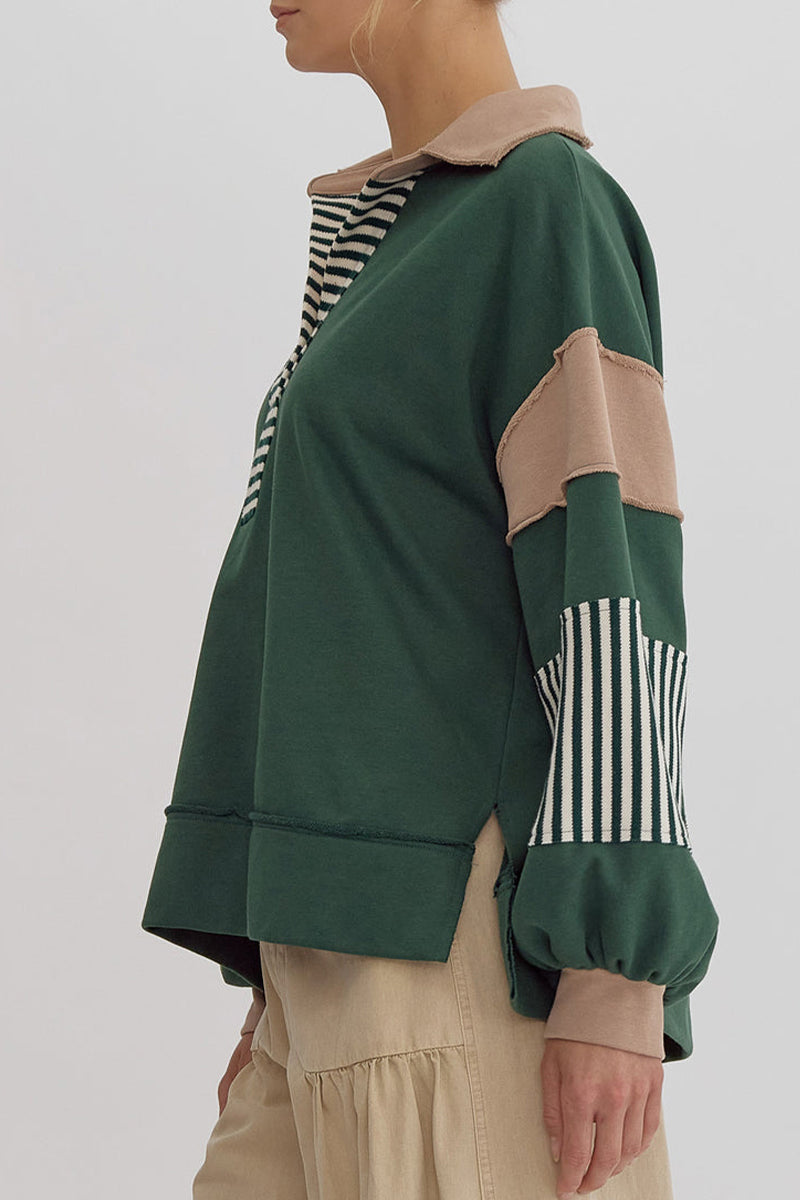 Deborah | Casual tops with street stripe patchwork contrast turn-down collar