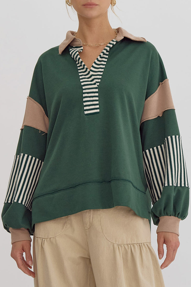 Deborah | Casual tops with street stripe patchwork contrast turn-down collar