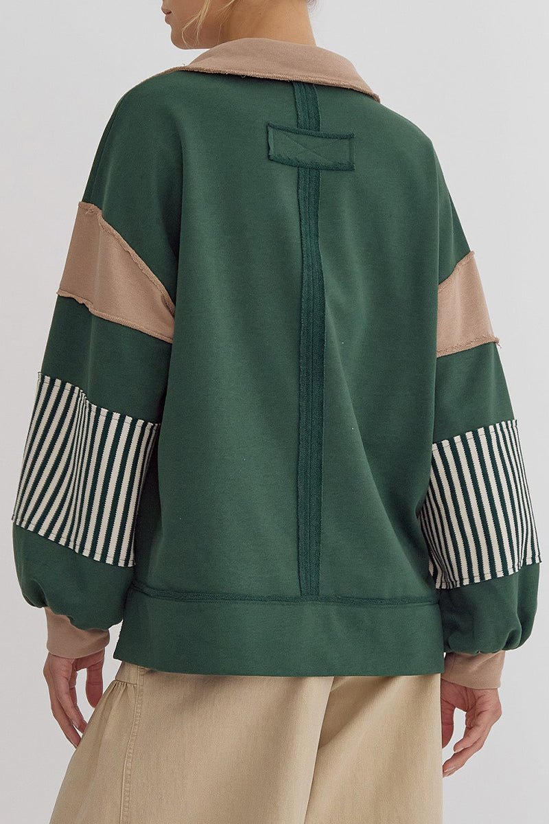 Deborah | Casual tops with street stripe patchwork contrast turn-down collar