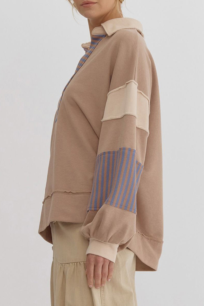 Deborah | Casual tops with street stripe patchwork contrast turn-down collar