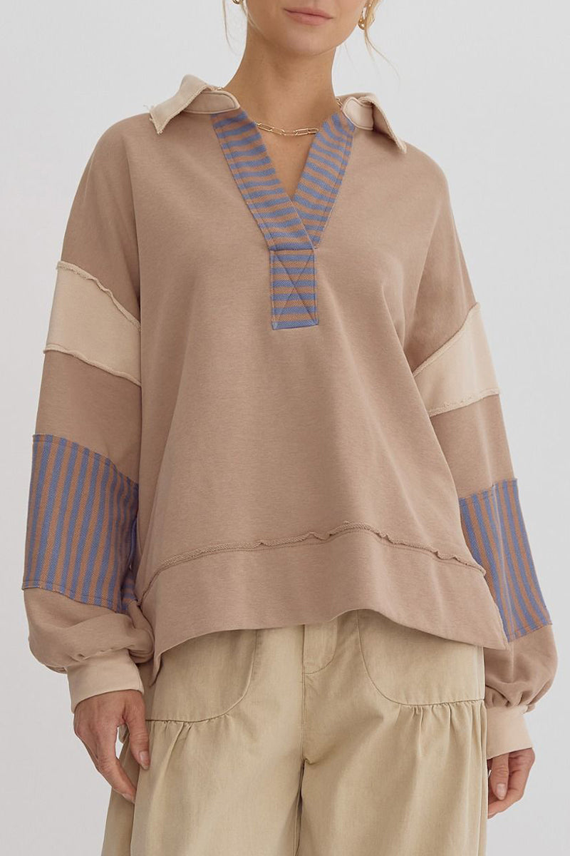 Deborah | Casual tops with street stripe patchwork contrast turn-down collar