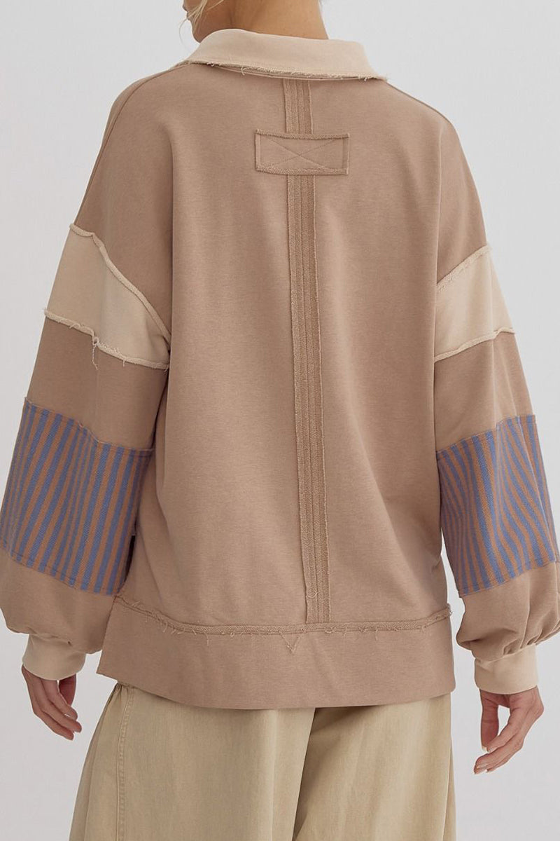 Deborah | Casual tops with street stripe patchwork contrast turn-down collar