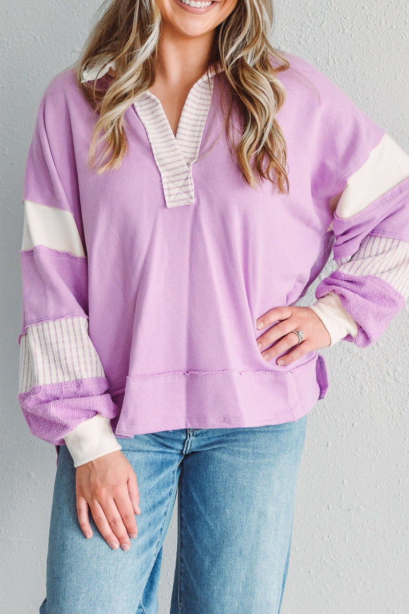 Deborah | Casual tops with street stripe patchwork contrast turn-down collar