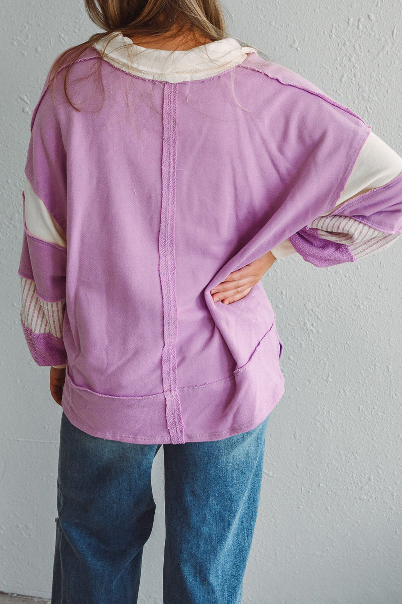 Deborah | Casual tops with street stripe patchwork contrast turn-down collar
