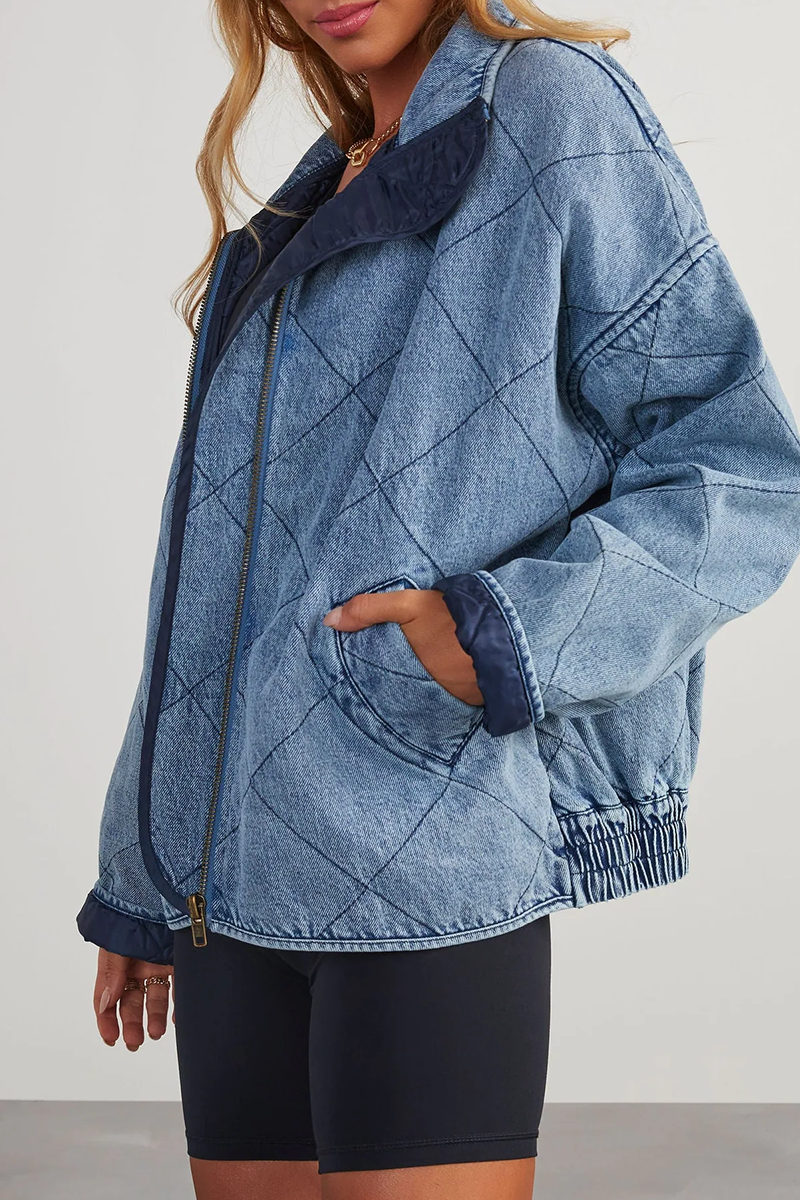 Denise | Casual solid color outerwear with distressed zipper and turn-down collar