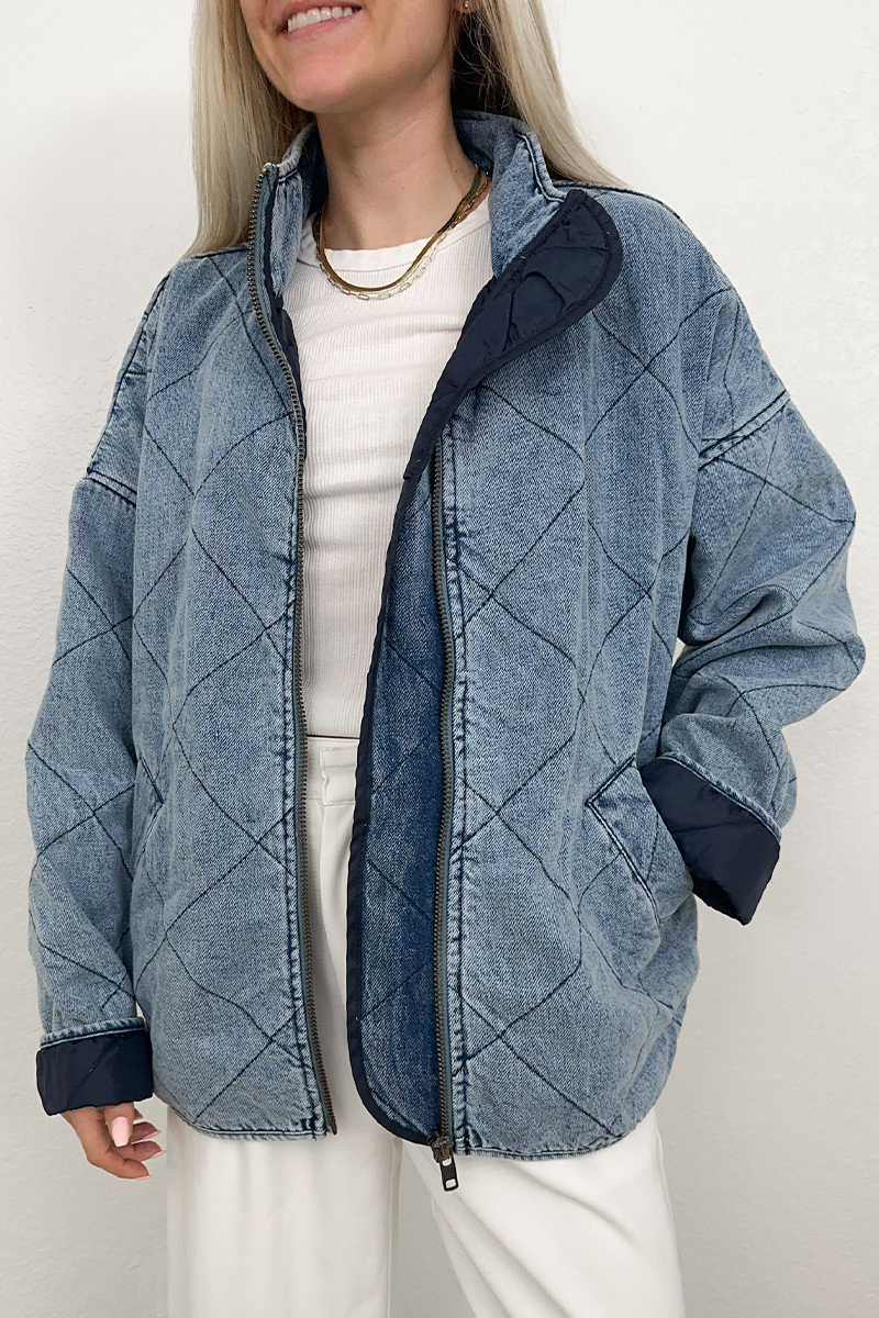 Denise | Casual solid color outerwear with distressed zipper and turn-down collar