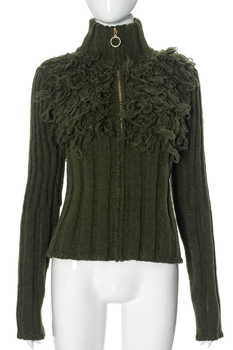 Desirée | Casual solid color turtleneck sweaters with fringe trim and zip fastening