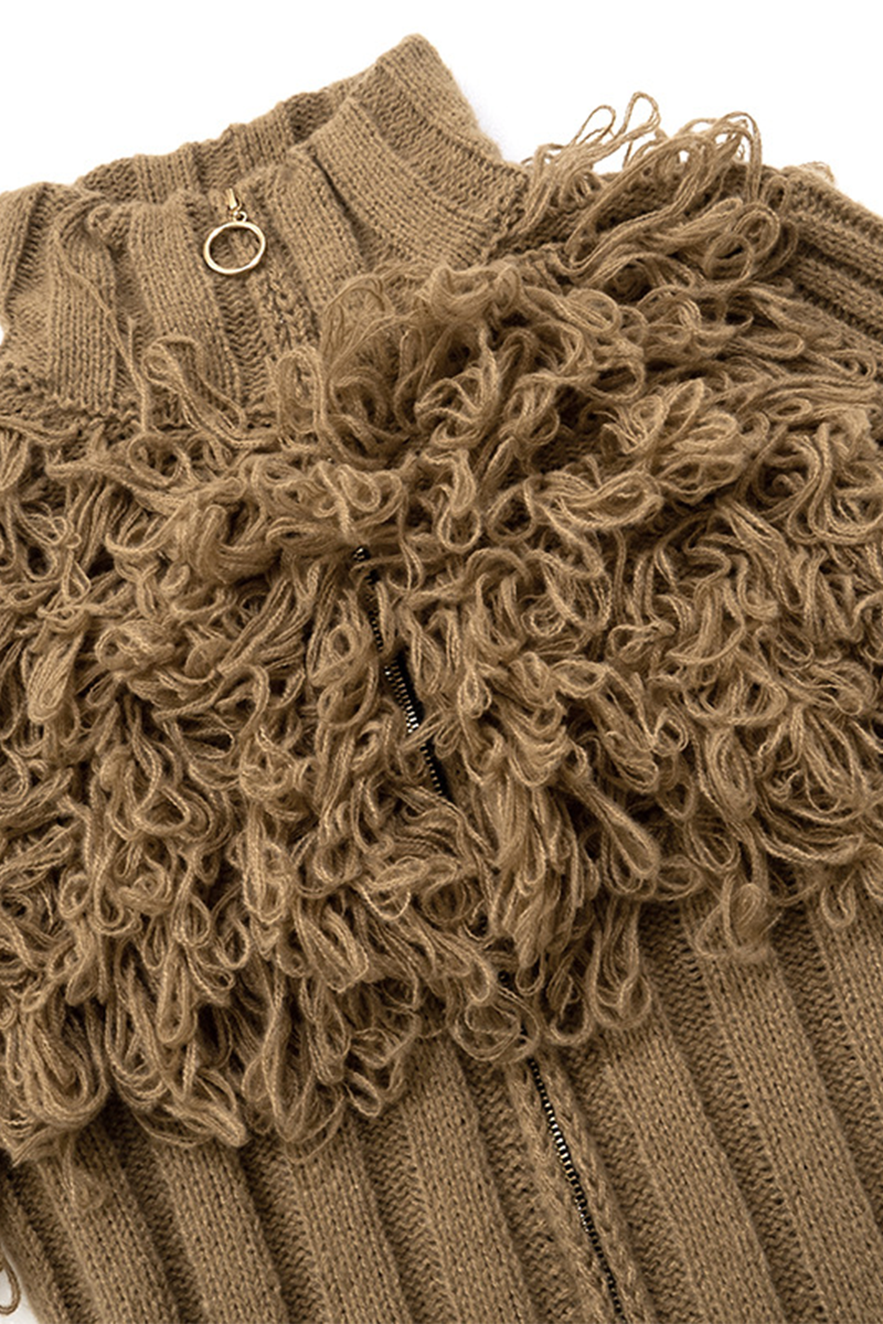 Desirée | Casual solid color turtleneck sweaters with fringe trim and zip fastening