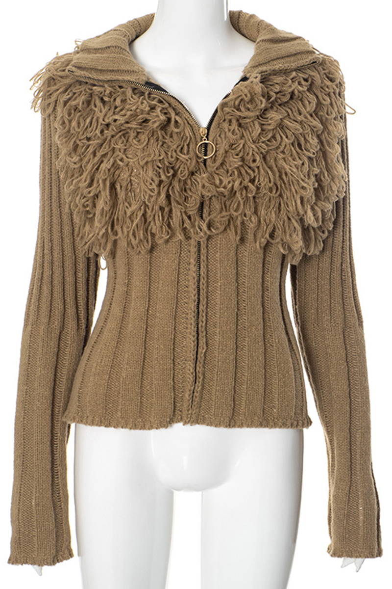 Desirée | Casual solid color turtleneck sweaters with fringe trim and zip fastening