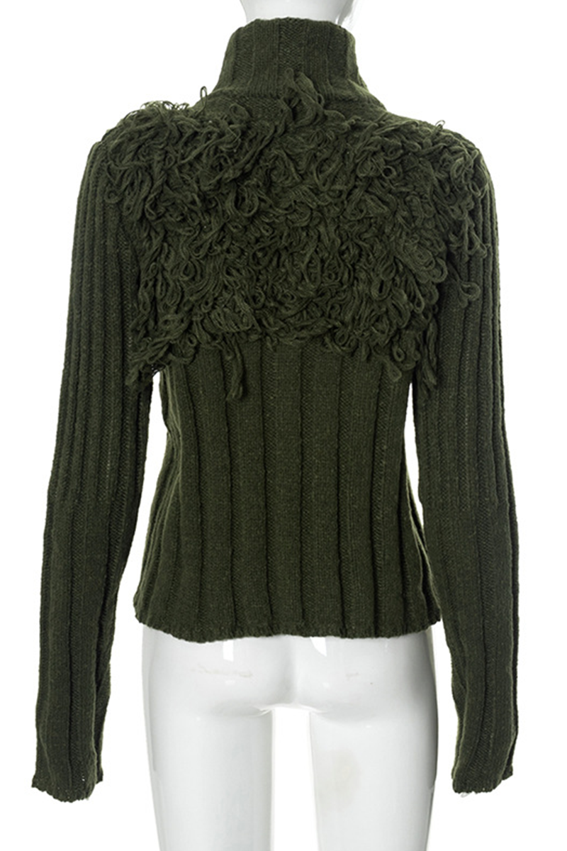 Desirée | Casual solid color turtleneck sweaters with fringe trim and zip fastening