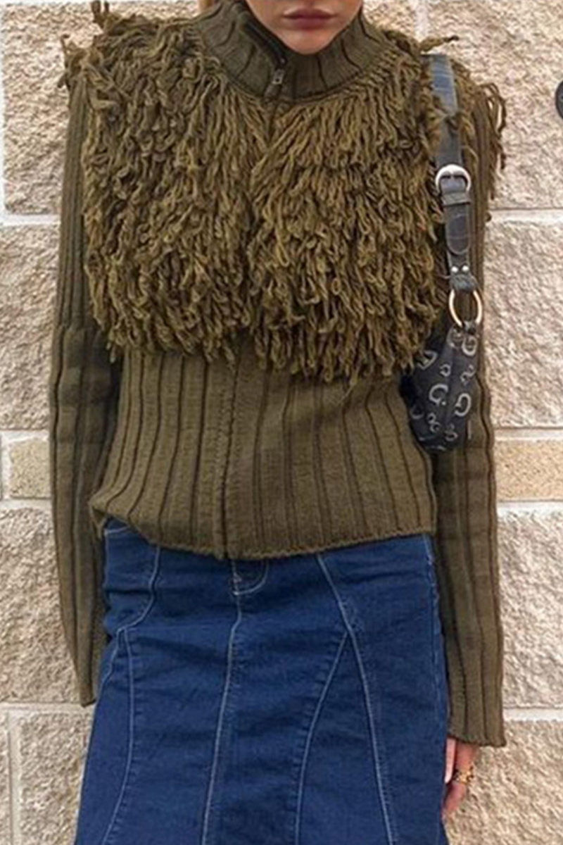 Desirée | Casual solid color turtleneck sweaters with fringe trim and zip fastening