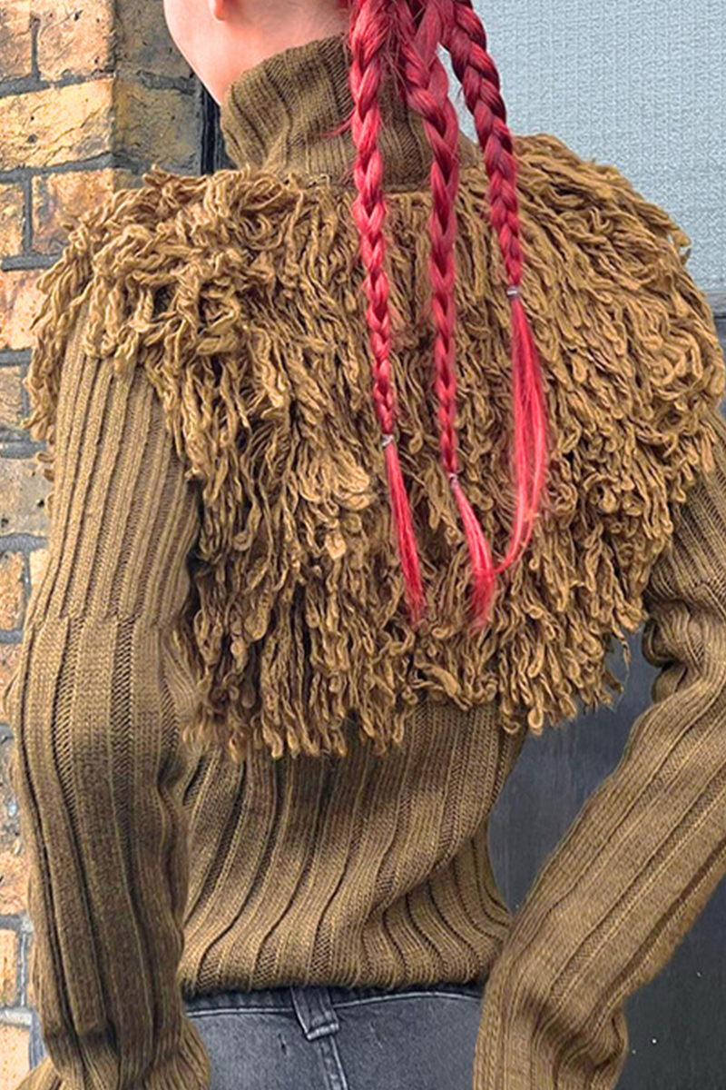 Desirée | Casual solid color turtleneck sweaters with fringe trim and zip fastening