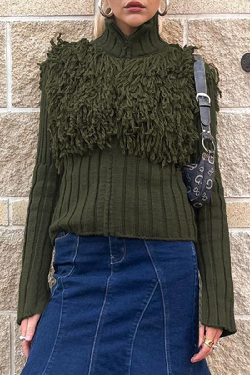 Desirée | Casual solid color turtleneck sweaters with fringe trim and zip fastening