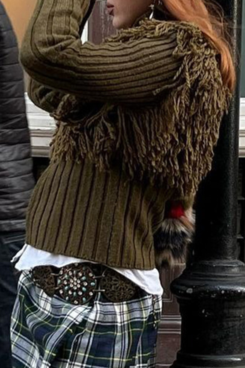 Desirée | Casual solid color turtleneck sweaters with fringe trim and zip fastening