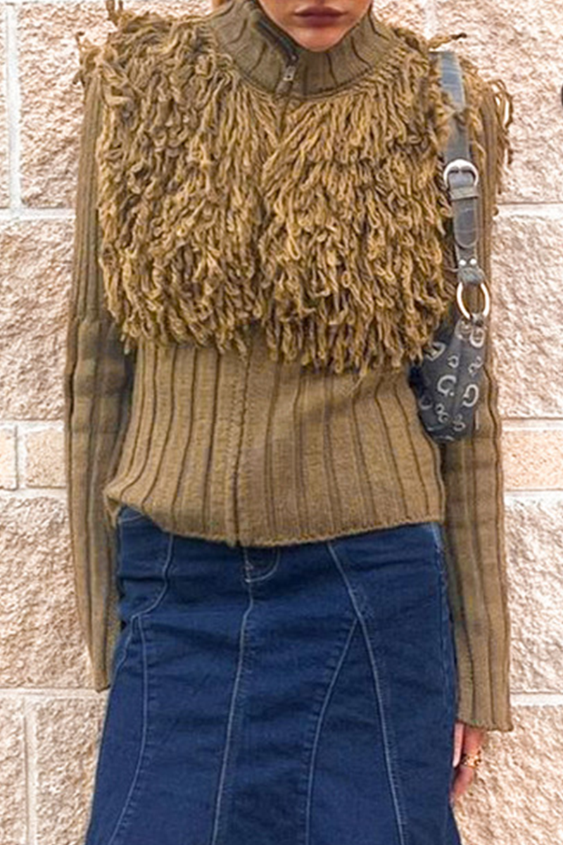 Desirée | Casual solid color turtleneck sweaters with fringe trim and zip fastening