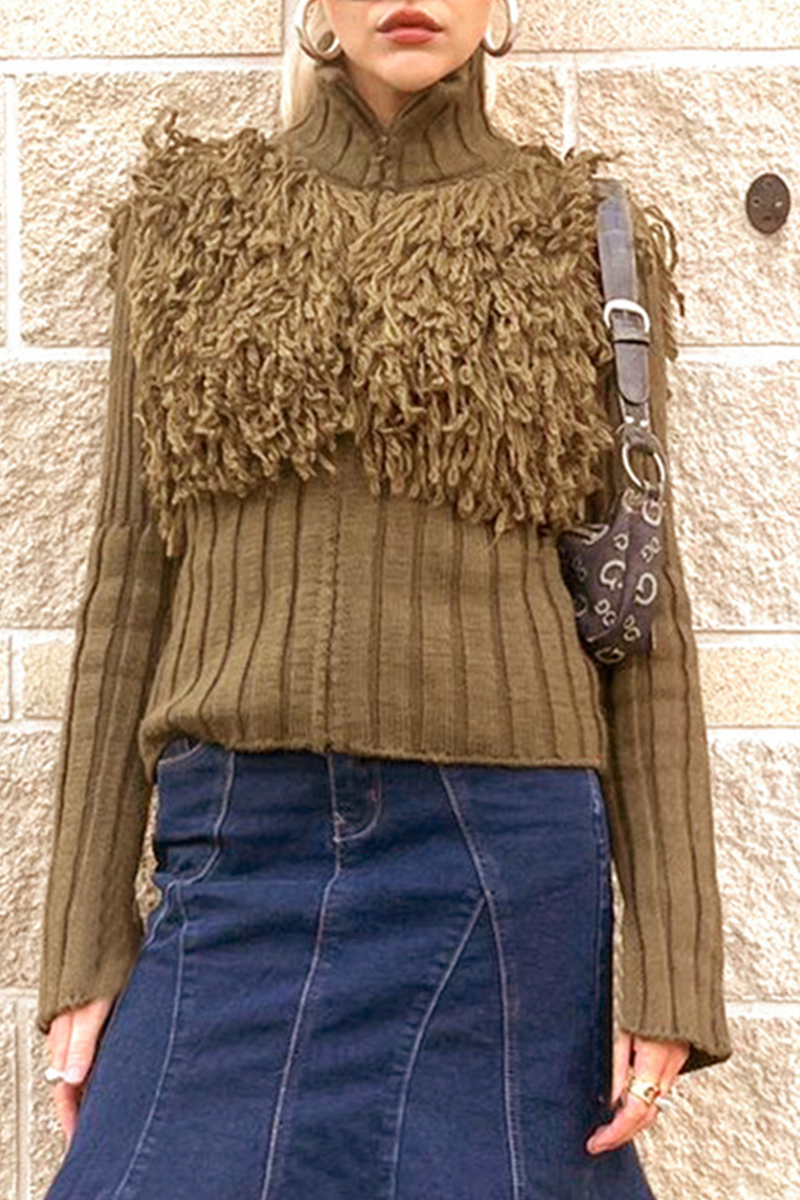 Desirée | Casual solid color turtleneck sweaters with fringe trim and zip fastening