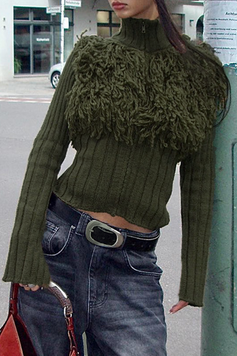 Desirée | Casual solid color turtleneck sweaters with fringe trim and zip fastening