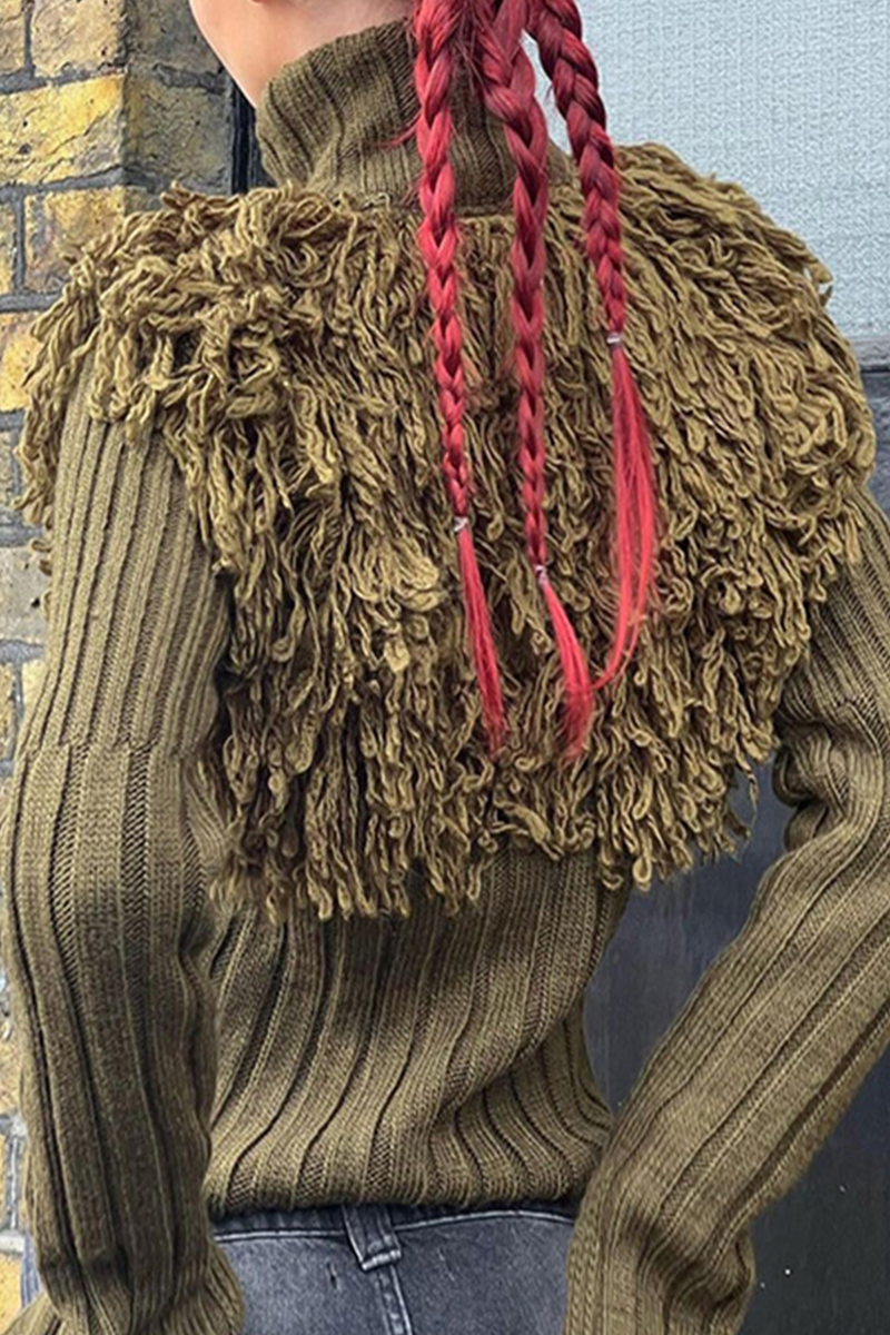 Desirée | Casual solid color turtleneck sweaters with fringe trim and zip fastening