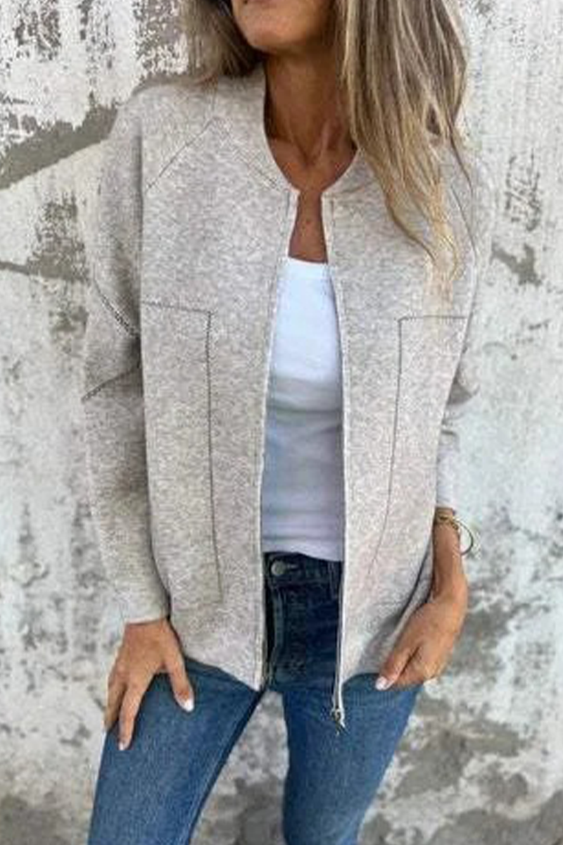 Dora | Casual daily solid color outerwear with pocket patchwork zipper and O-neck