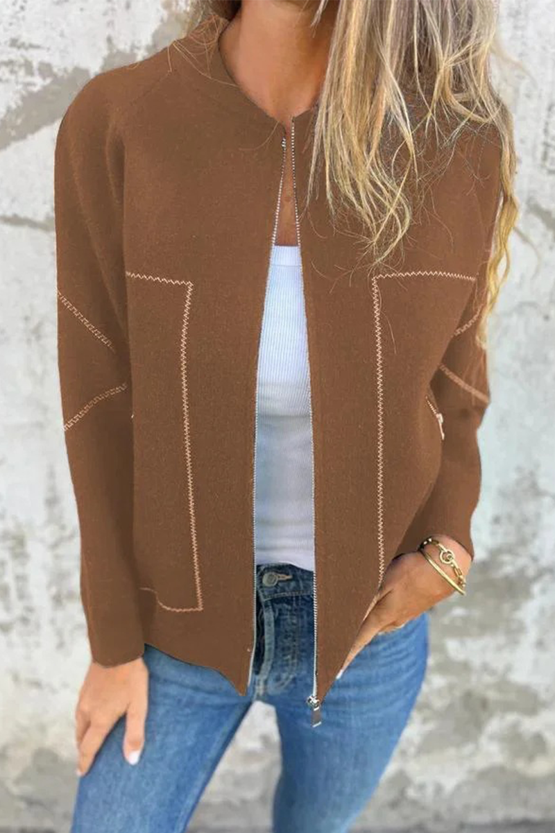 Dora | Casual daily solid color outerwear with pocket patchwork zipper and O-neck