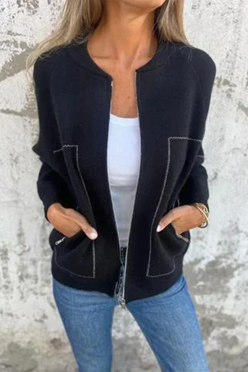 Dora | Casual daily solid color outerwear with pocket patchwork zipper and O-neck