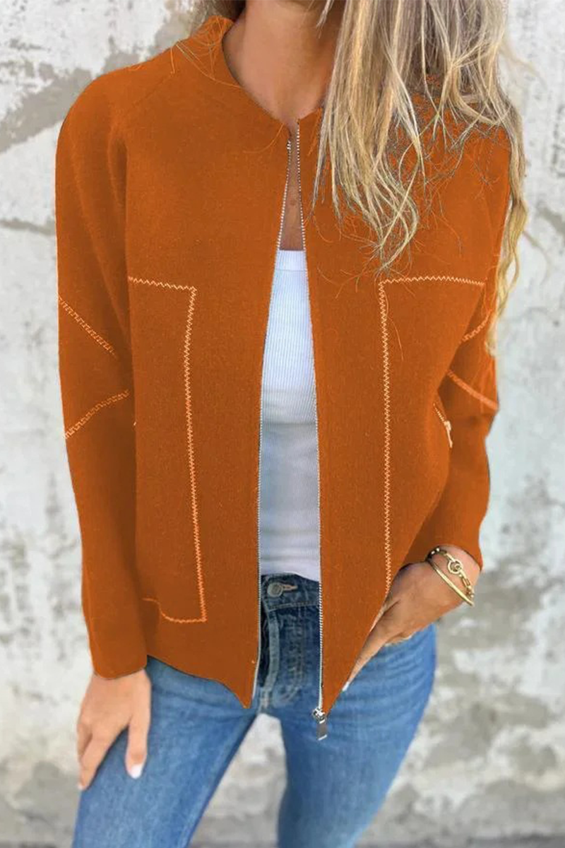Dora | Casual daily solid color outerwear with pocket patchwork zipper and O-neck