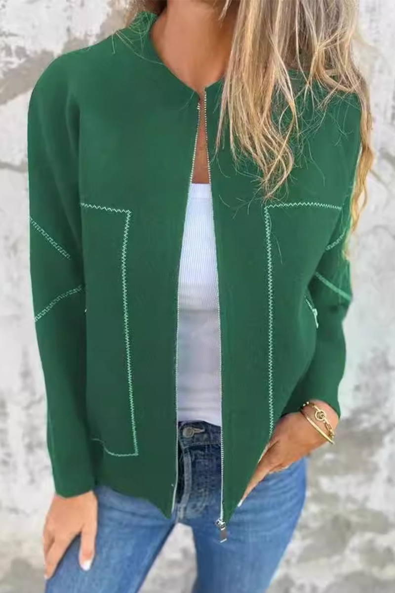 Dora | Casual daily solid color outerwear with pocket patchwork zipper and O-neck