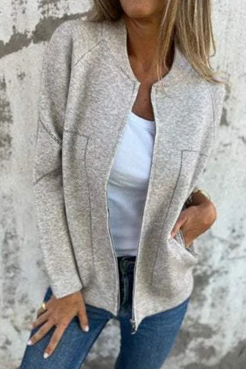 Dora | Casual daily solid color outerwear with pocket patchwork zipper and O-neck