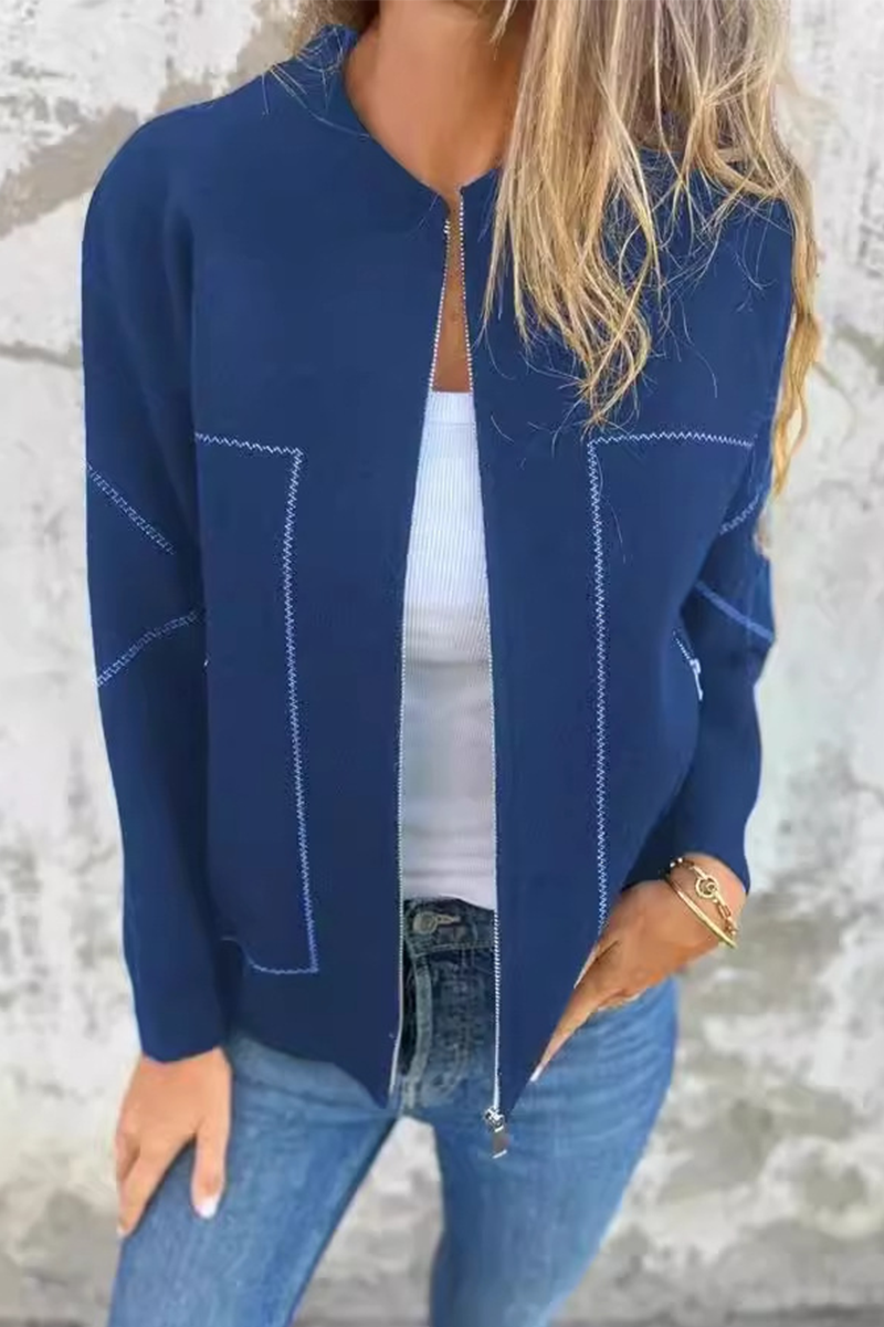 Dora | Casual daily solid color outerwear with pocket patchwork zipper and O-neck