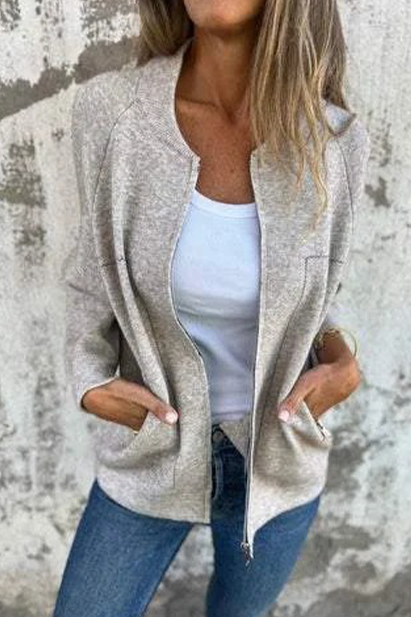 Dora | Casual daily solid color outerwear with pocket patchwork zipper and O-neck