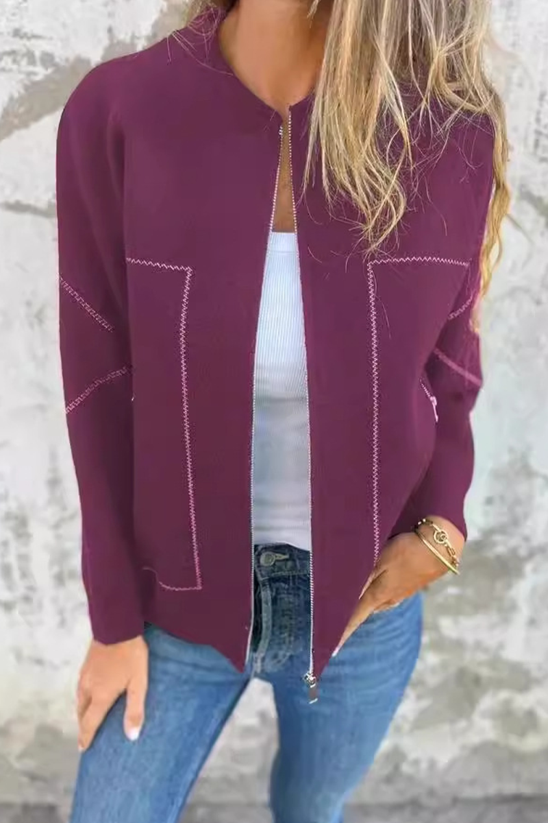 Dora | Casual daily solid color outerwear with pocket patchwork zipper and O-neck