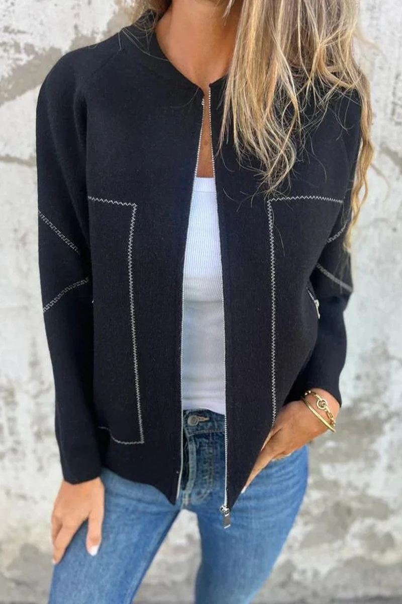 Dora | Casual daily solid color outerwear with pocket patchwork zipper and O-neck
