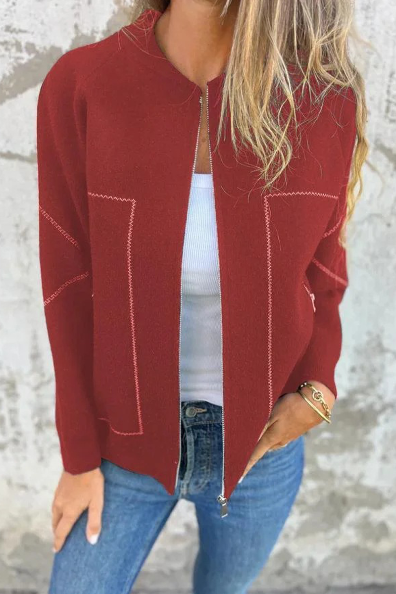 Dora | Casual daily solid color outerwear with pocket patchwork zipper and O-neck