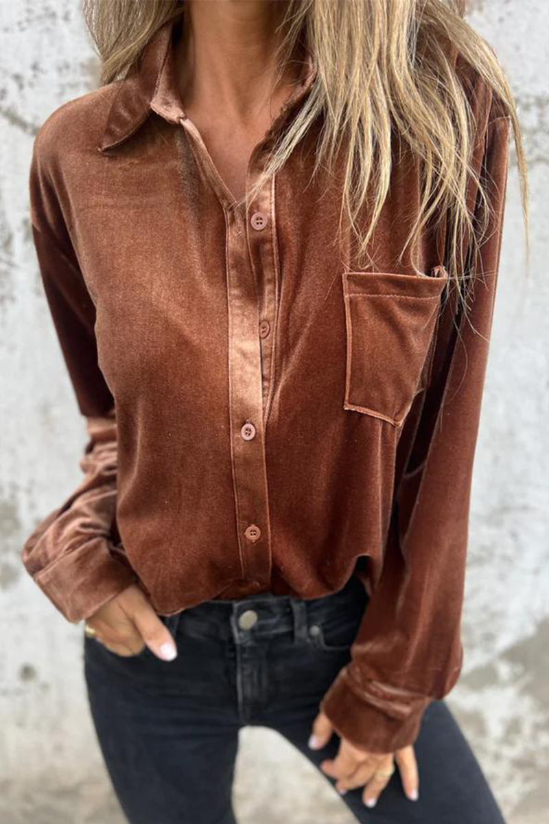 Dolores | Casual plain blouses with pocket buckle and turn-down collar