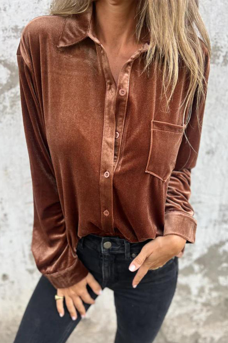 Dolores | Casual plain blouses with pocket buckle and turn-down collar