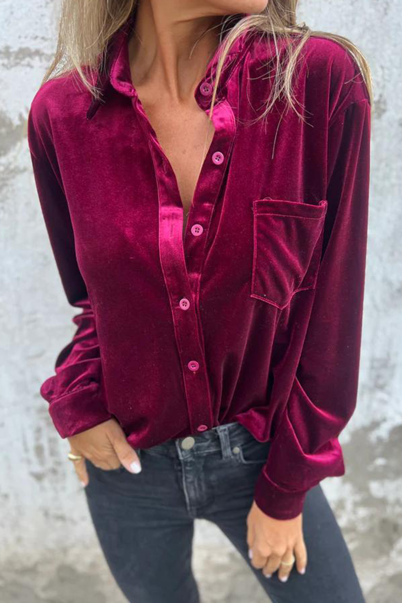Dolores | Casual plain blouses with pocket buckle and turn-down collar