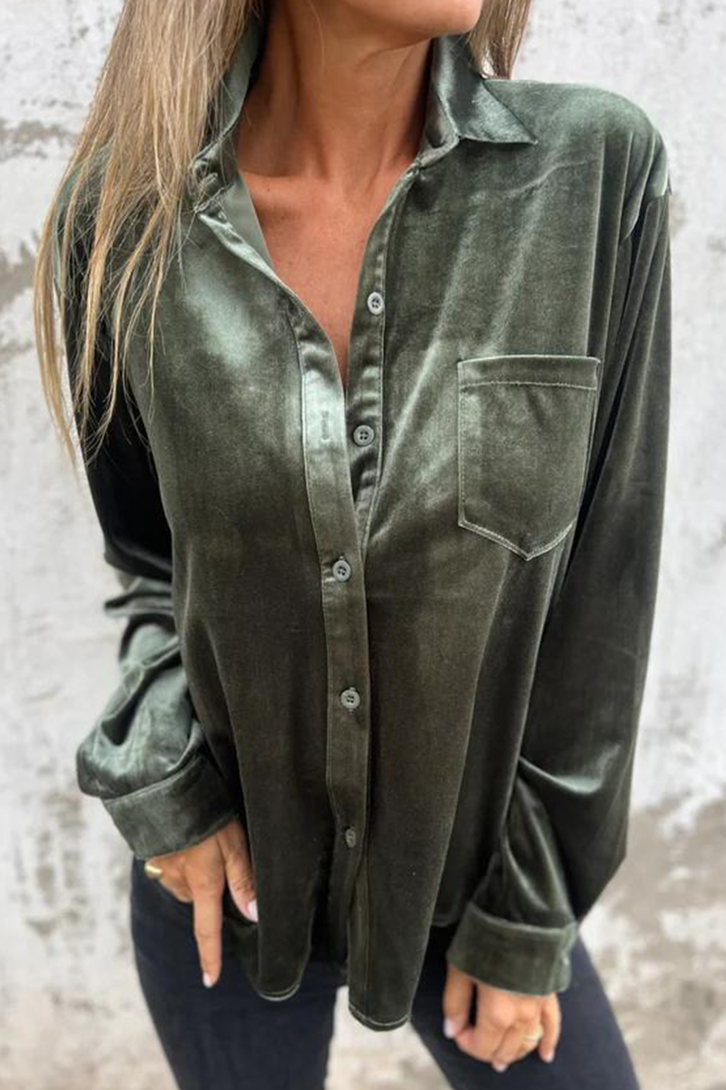 Dolores | Casual plain blouses with pocket buckle and turn-down collar