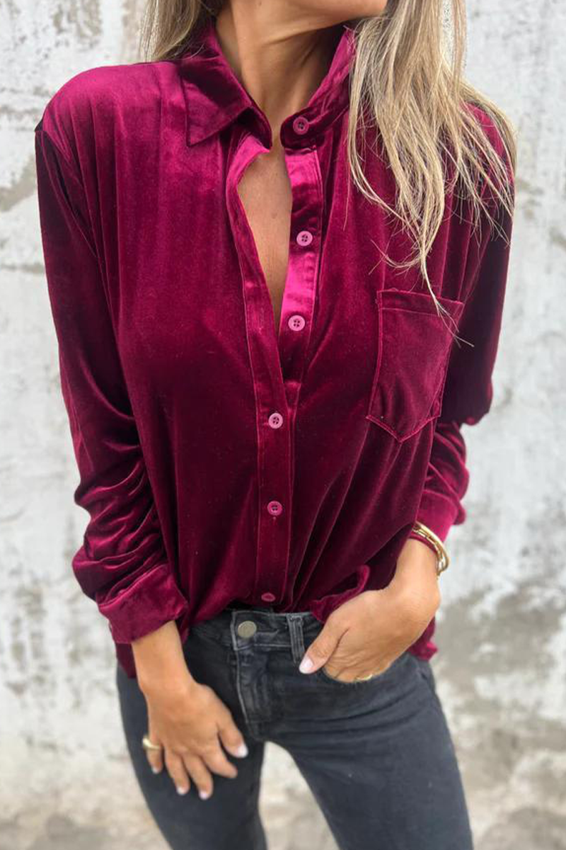 Dolores | Casual plain blouses with pocket buckle and turn-down collar