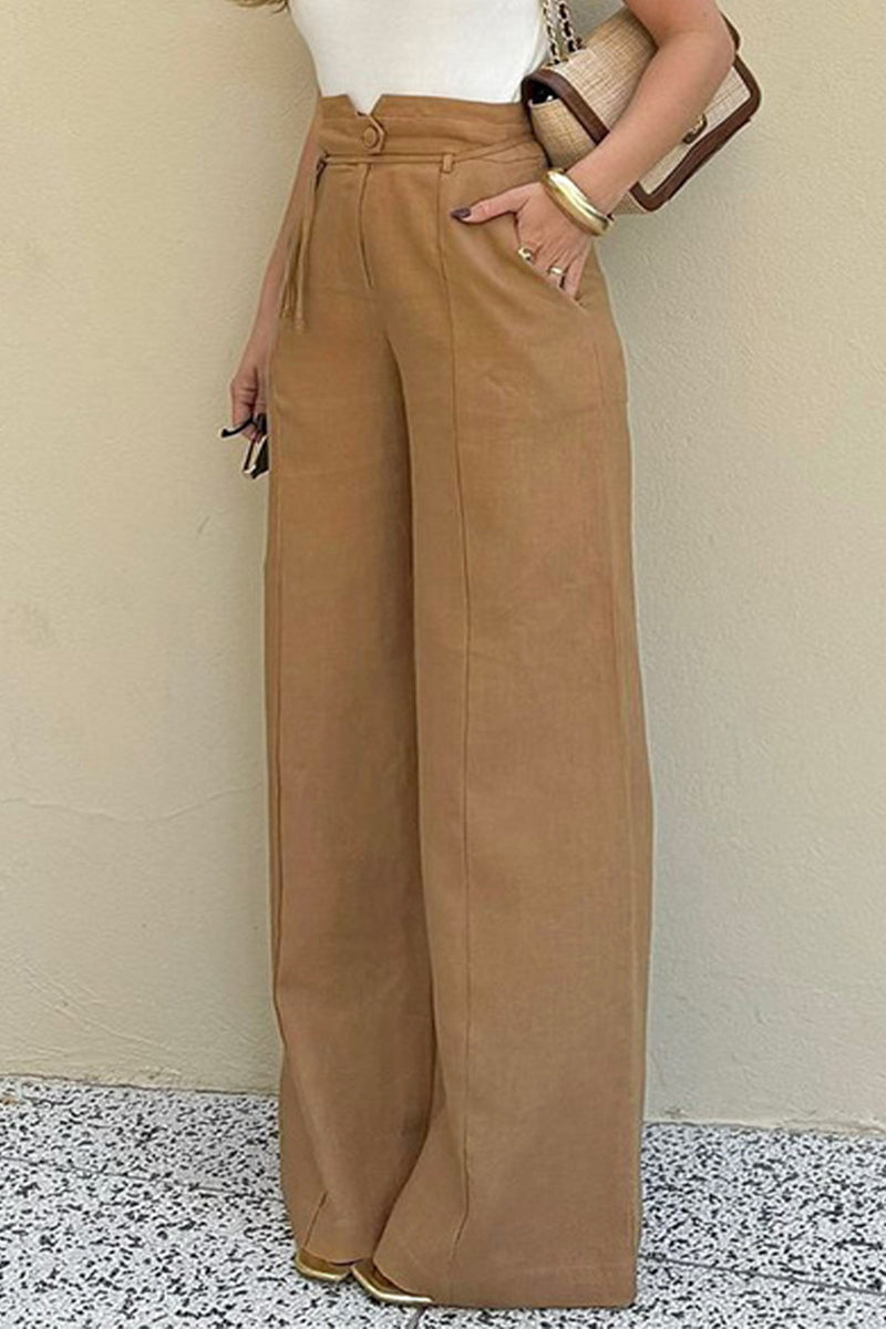 Doris | Casual, daily, solid color, with pockets, lace-up buttons, loose, solid color, high waist trousers with speakers