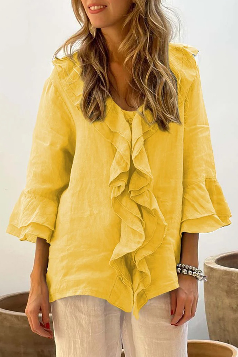 Edda | Casual solid color blouses with ruffles and V-neck for everyday wear