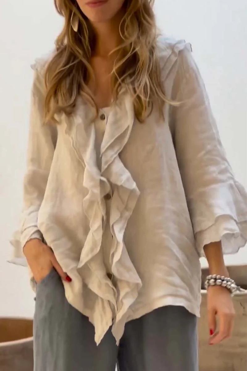 Edda | Casual solid color blouses with ruffles and V-neck for everyday wear