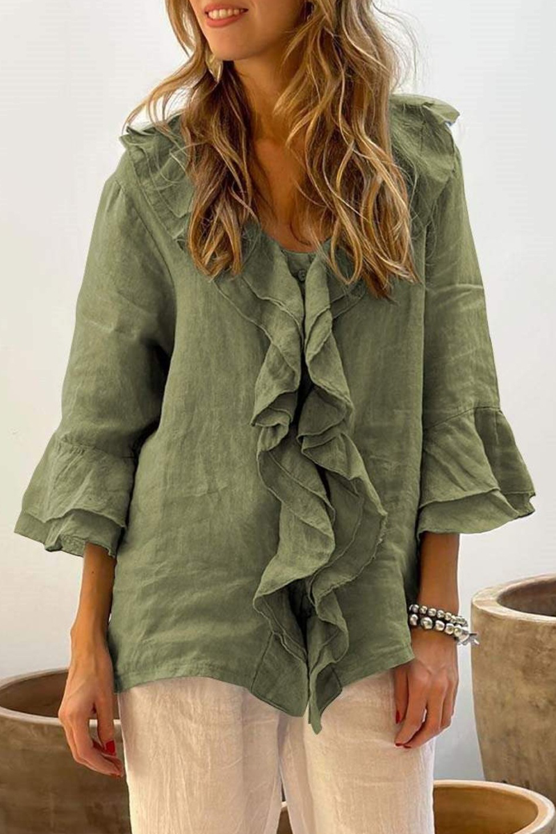 Edda | Casual solid color blouses with ruffles and V-neck for everyday wear